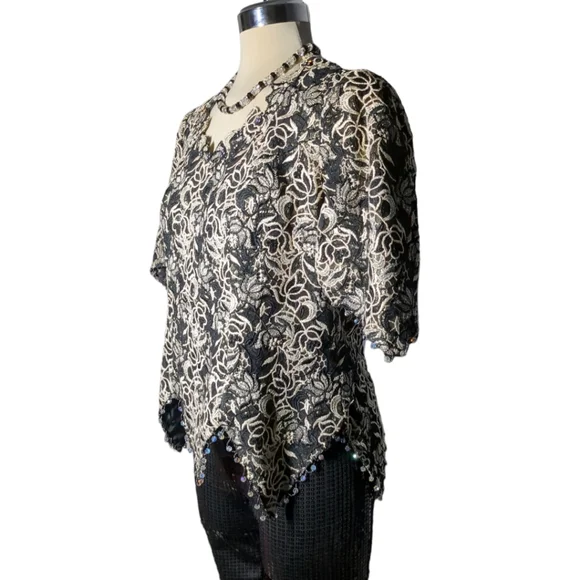 Michael Jordan Luxury Black &Gold Lace With Crystal Beads Trimmed Blouse Size M - Picture 4 of 16